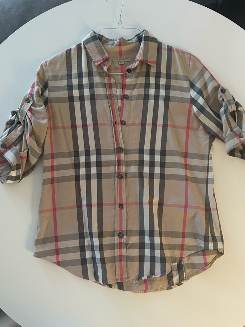 Burberry Beige Plaid Button-Down Shirt with Red and Black Stripes
